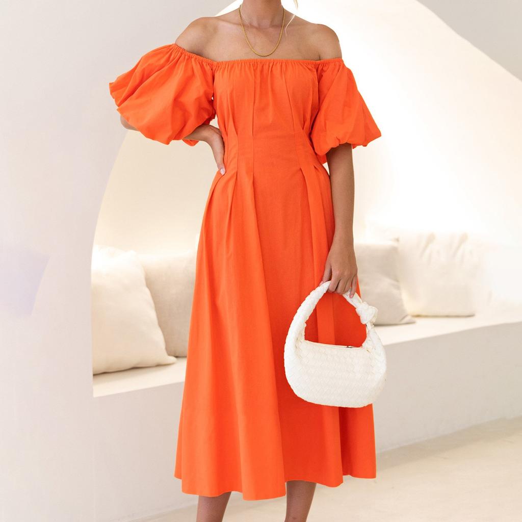 Women's Fashionable Solid Color One Line Neckline Bubble Short-Sleeved Temperament Pleated High Waisted Dress