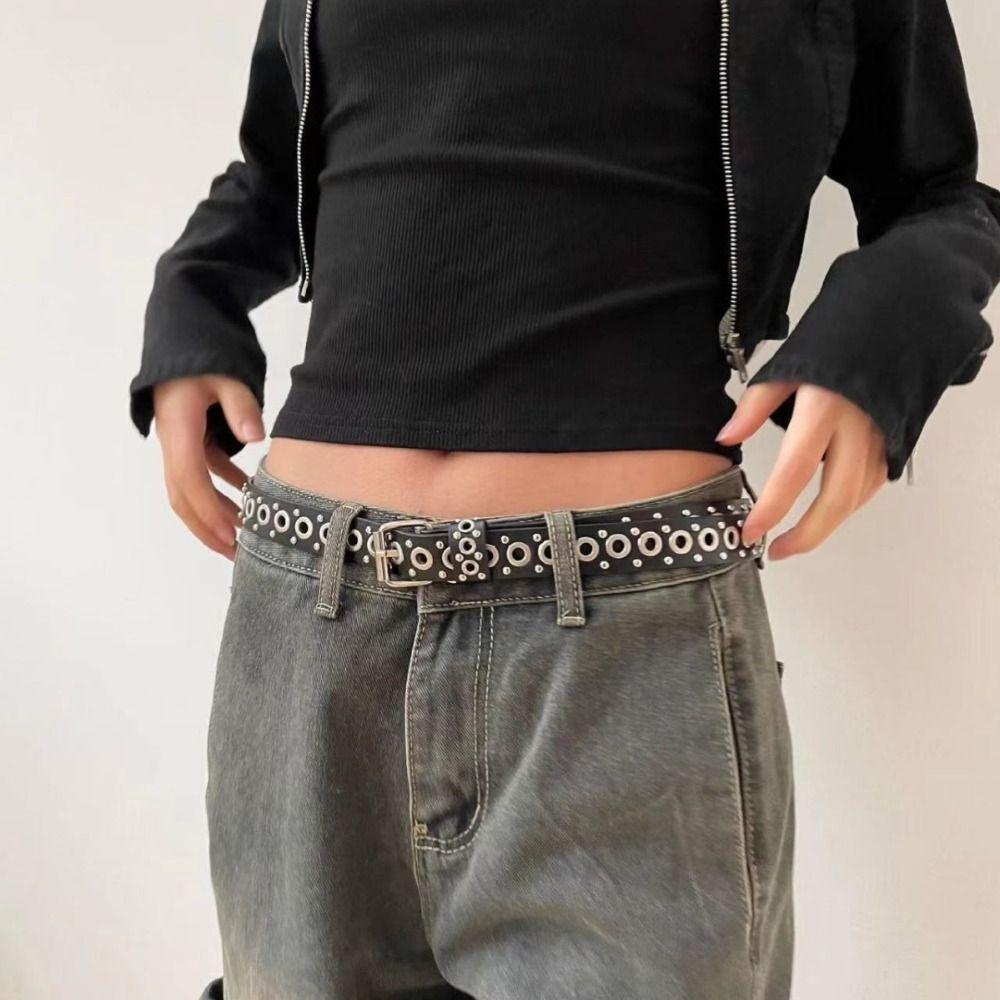 Y2K PU Leather Belt Adjustable Waist Belt Personality Rivet Waistband  Jeans