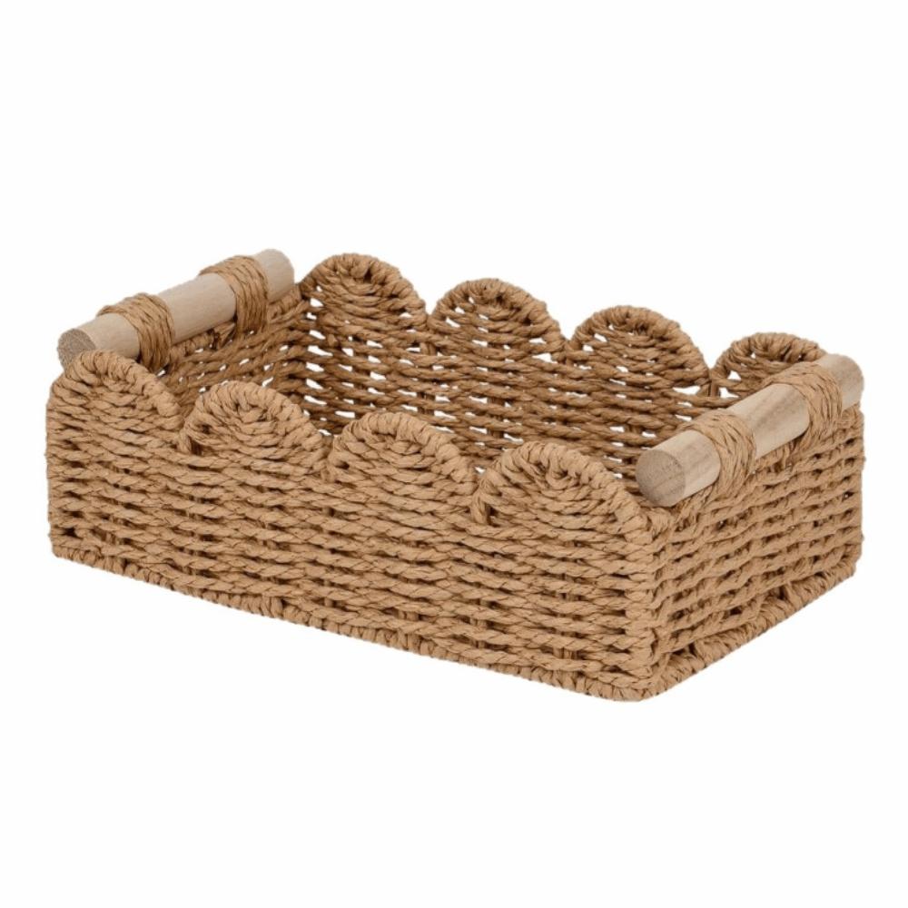 Корзина из бумажной веревки с волнистым краем, деревянные ручки, нейтральный цвет, корзина для хранения, корзина для туалетной бумаги, гостиная