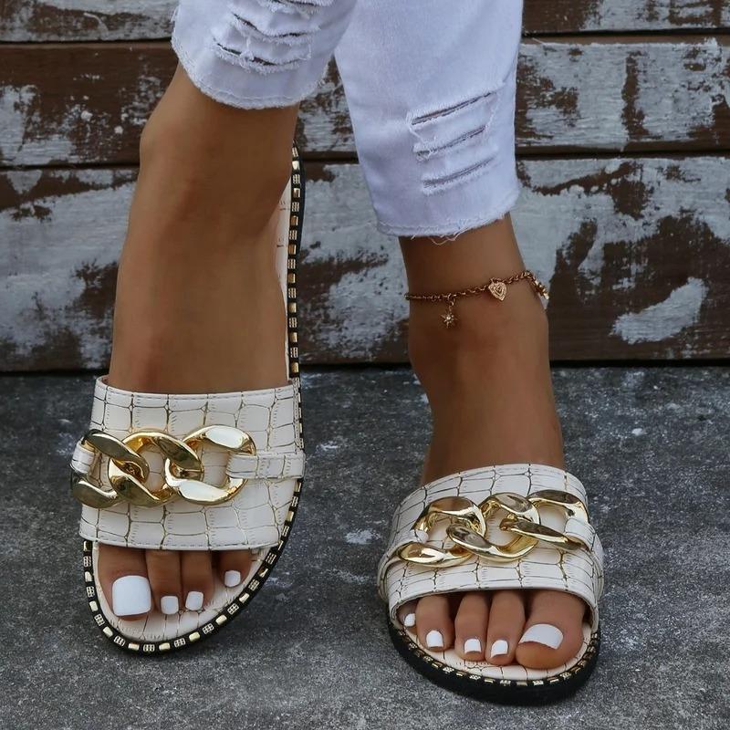 Модные сексуальные однотонные с замком-цепочкой большие размеры, летние новые стильные уличные женские тапочки на плоской подошве в римском стиле, женские сандалии