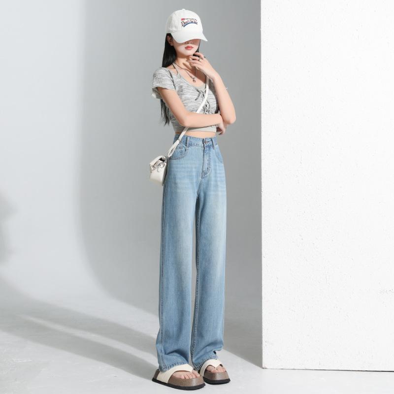 Light blue Tencel drape wide-leg jeans women's summer new high-waisted loose and thin straight floor pants