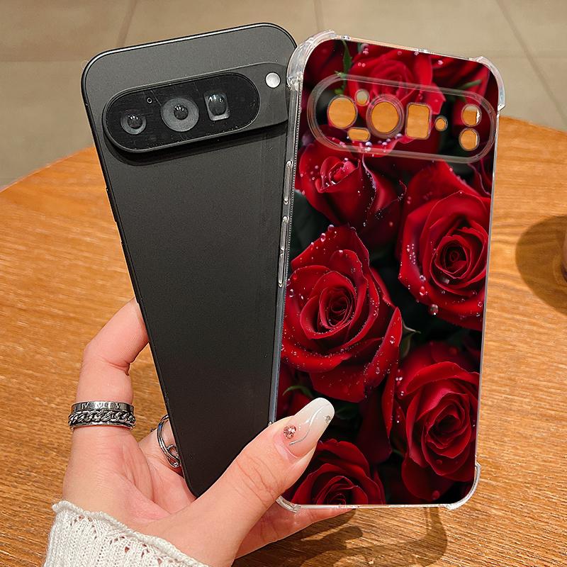 Чехол с узором из алых красных роз для Google Pixel 9 Pro XL 9A, противоударный, из ТПУ и силикона, прозрачный, мягкий