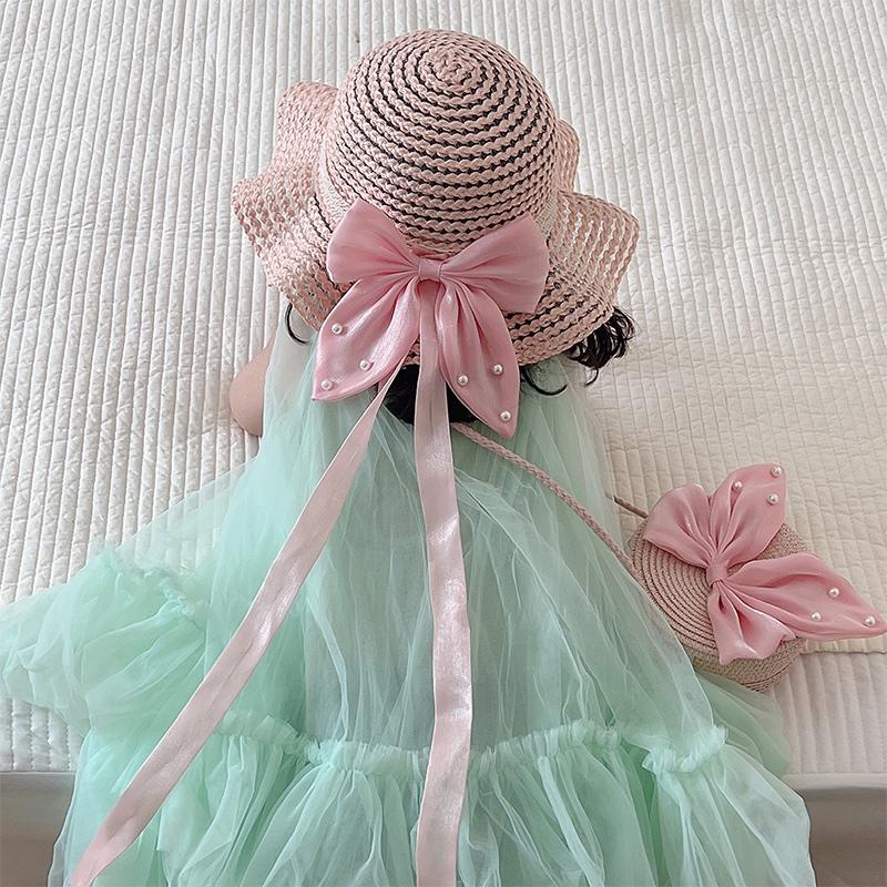 Детские соломенные шляпы для девочек, солнцезащитные шляпы, атласные украшения с бантом и лентой
