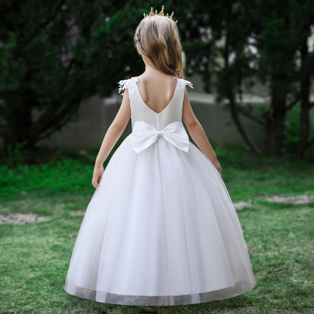 Flower Girls Dress Lace White Bow Girl Dress Christmas Costume Sequins Bridemide Gown Wedding Party Princess Dress for Girls First Communion