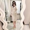 3/4 sleeve beige blazer, skirt & scarf set