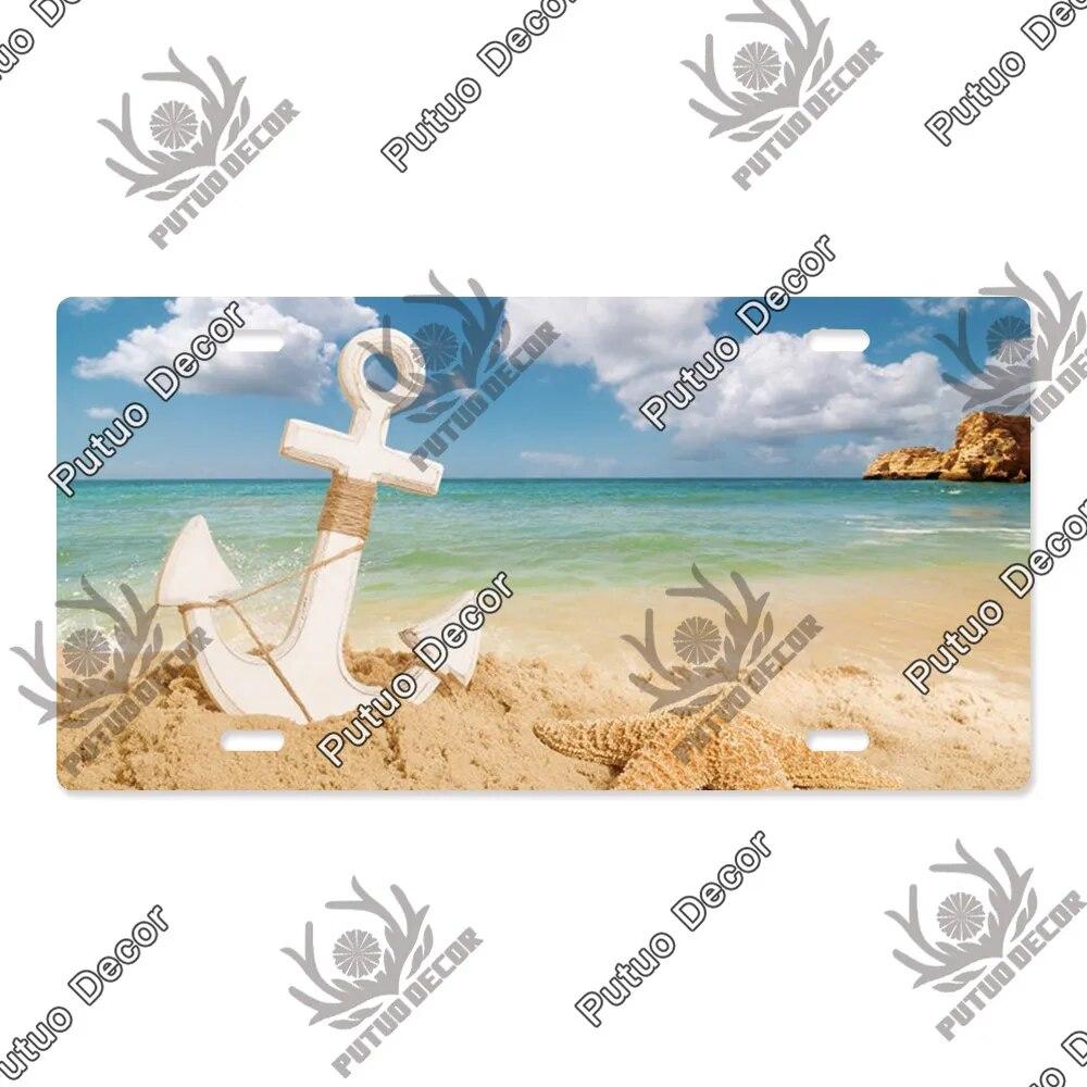 Putuo Decor Beach Licenses Plate Vintage Tin Sign Plaque Metal Car Plate for Living Room Door House Home Wall Art Decor