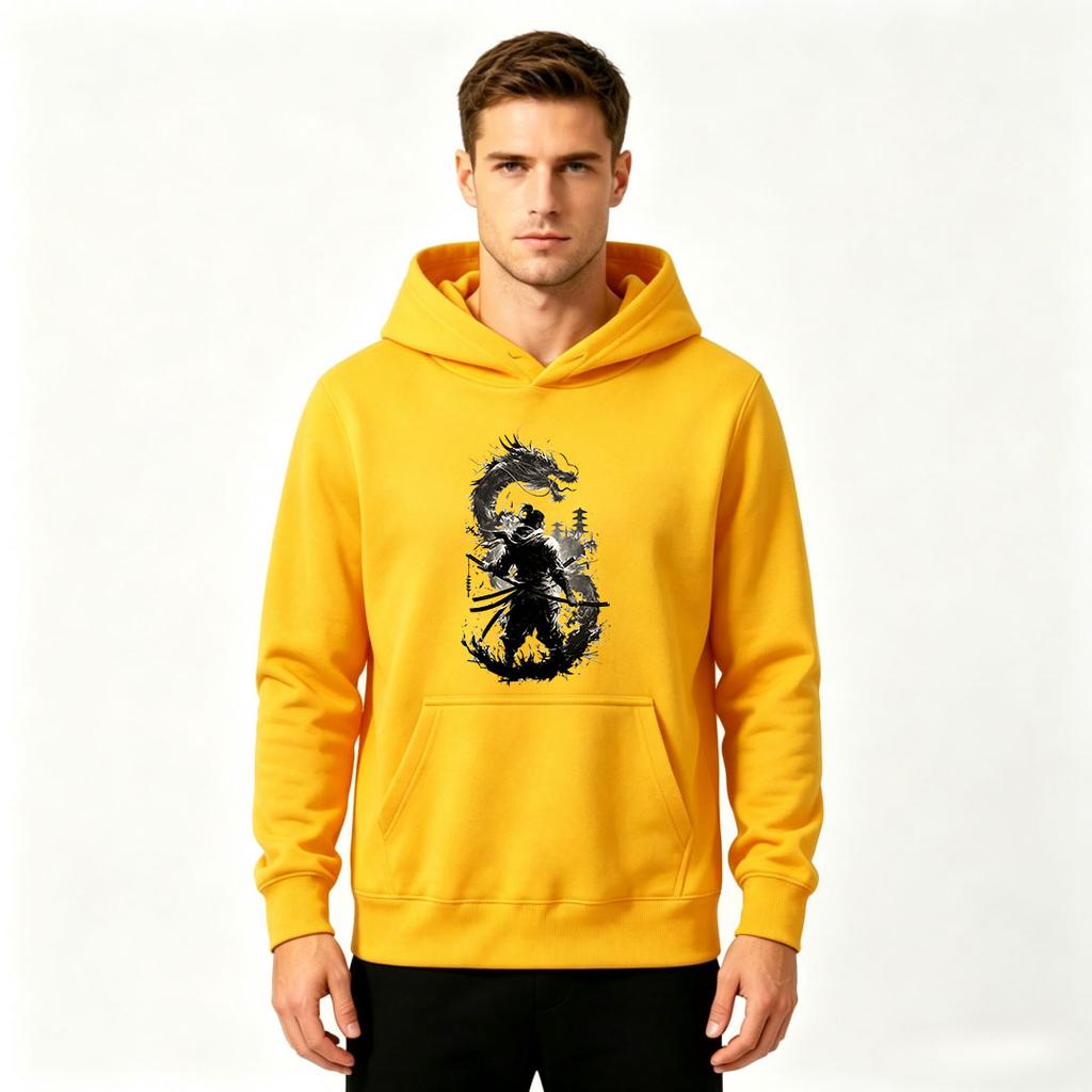 Men's Samurai Dragon Print Pullover Hoodie Casual Long Sleeve Graphic Sweatshirt