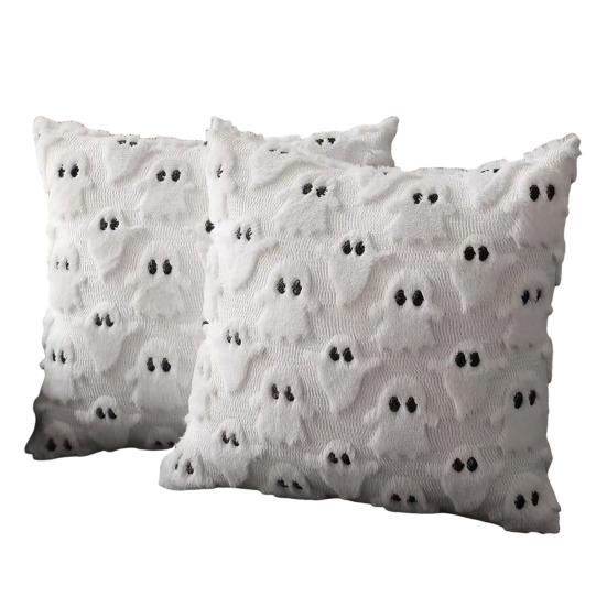 Halloween Decorative Pillow Cover Soft Plush Throw Cushion Case with 3D Embroidered Ghost Pumpkin Design for Couch Sofa Bedroom