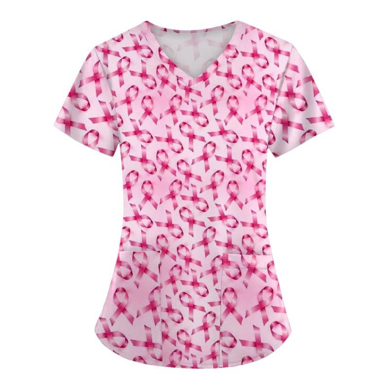 V-Neck Short Sleeve Nursing Scrub Top Women Fashionable Casual Workwear With 3D Print Design Slim Fit 2025 Collection