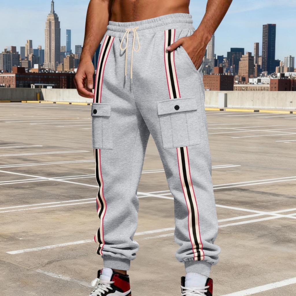 Men's Casual Heavy-duty Fleece American Pants, Men's Striped Color-blocking Retro Strapless Cargo Pants
