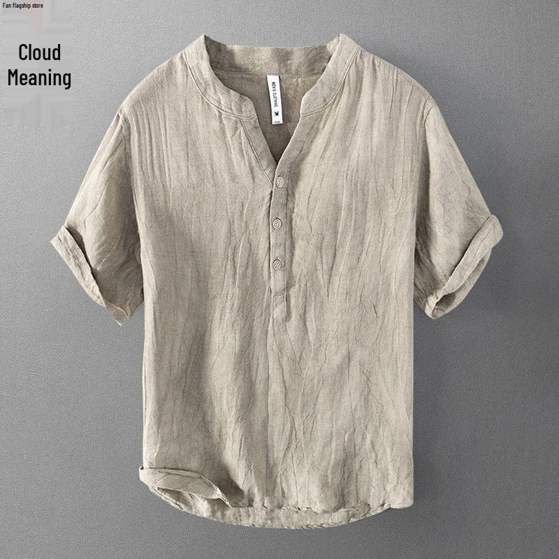 Мужская летняя льняная футболка с V-образным вырезом - Короткий рукав, Свободный крой, Ретро китайский стиль