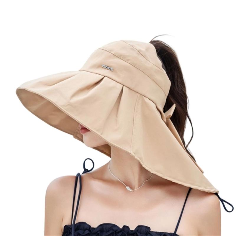 Wide Brims Sunproof Fisherman Hat With Open Top Design Bowknot Neck Cover For Women Outdoor Activity Fishing Camping