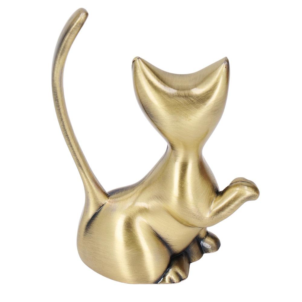 Zinc Alloy Cat Ring Holder Solid Brass Cat Statue Jewelry Towers Ring Organizer Shelf Decor
