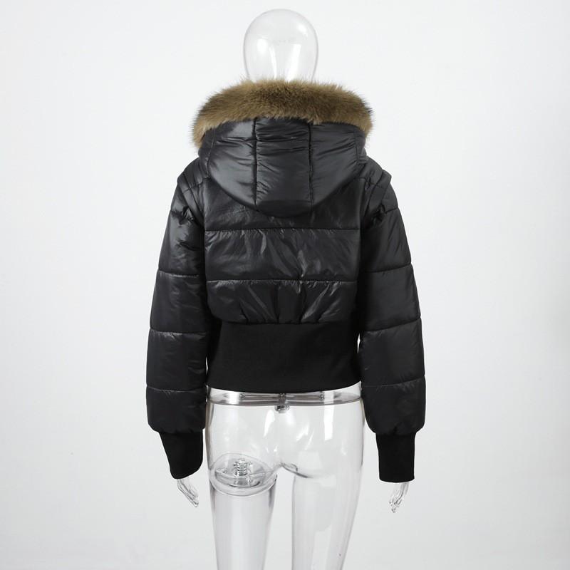 Womens Zip-up Detachable Sleeve Hooded Cotton Coat With Fur Trim Waist Fitted Street Style Short Puffer Jacket