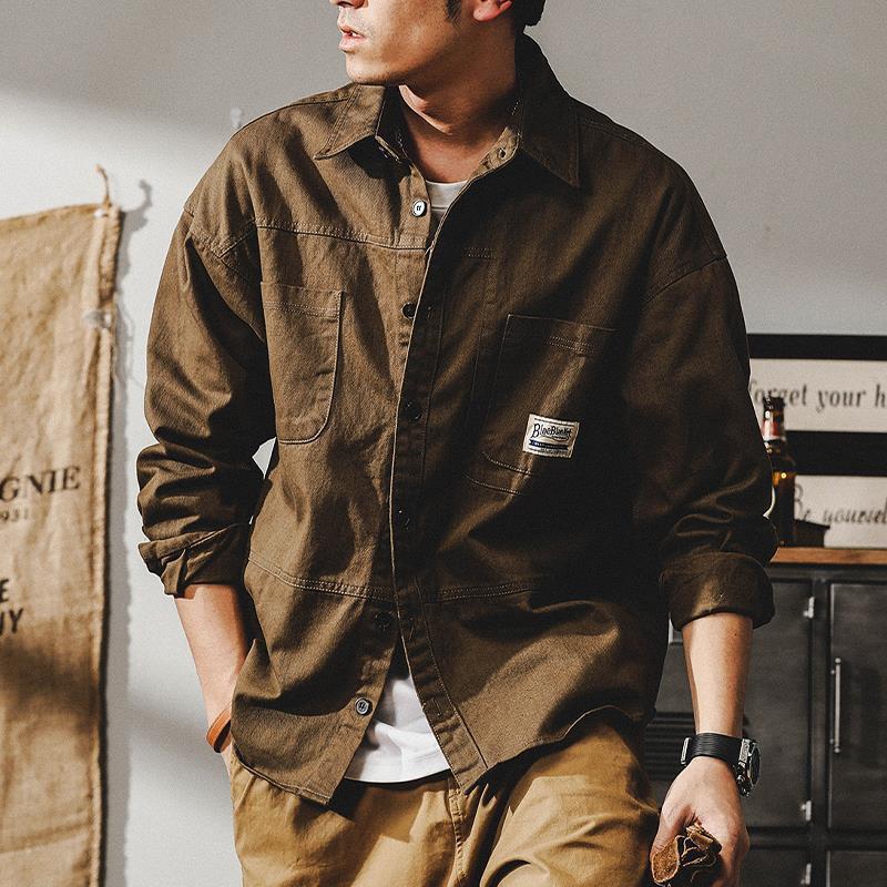 Men's Trendy Retro Khaki Denim Work Shirt - Loose Long-Sleeve