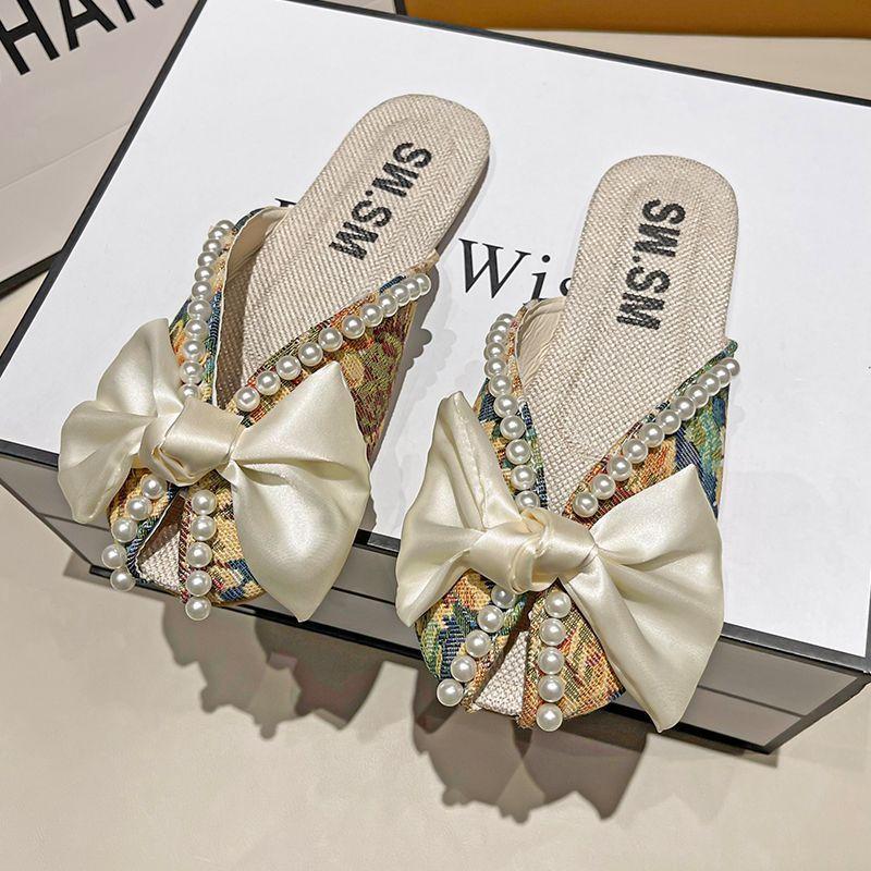 Small Floral Sandals Bag Head Half Slippers Women's Summer Wear New Year's New Bow Pearl Flat Bottom Fish Mouth Muller