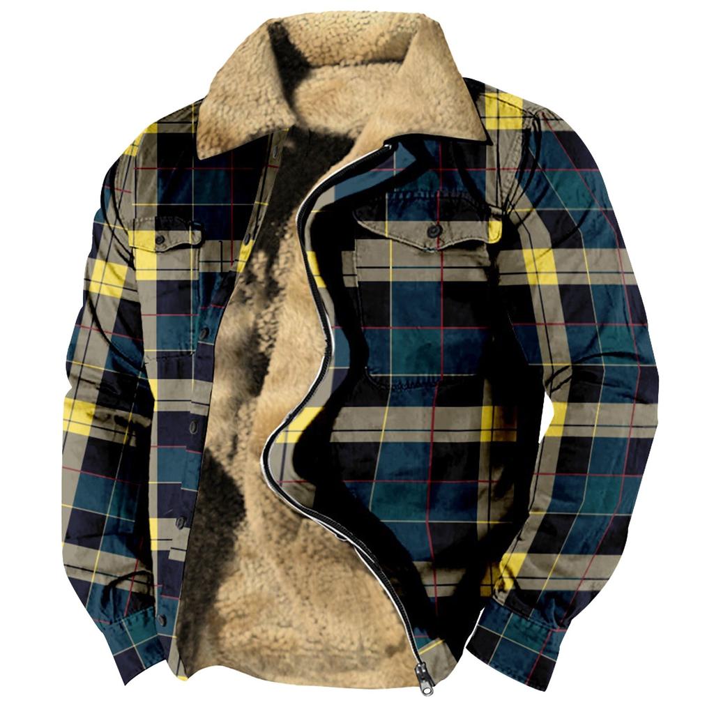 Men's Plaid Print Fleece Thickened Coat Jacket Men's Casual Fashion Warm Coat