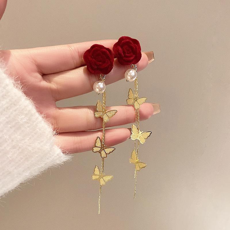 Длинные серьги-кисточки с красными цветами и бабочками — легкий роскошный стиль для женщин, идеально подходит для осени и зимы.