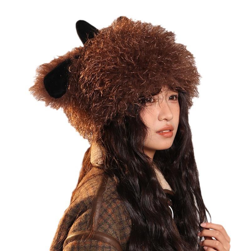 Cute Funny Little Lamb Plush Hat for Women In Autumn and Winter Warm and Cold Knitted Hat Showing Face with Little Sweet Fisherman Pullover Hat