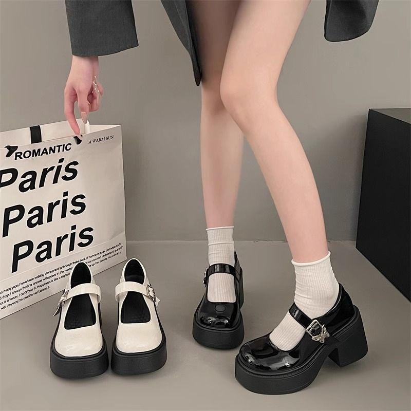 Черные туфли на толстом каблуке и платформе из кожи, женские весенние туфли Мэри Джейн с французским эффектом, короткие туфли на высоком каблуке