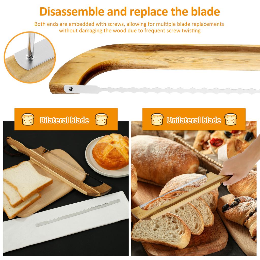 Bow Bread Knife with 3 Stainless Steel Blades Wood Handle Bread Bow Knife Multipurpose Sourdough Bread Knife for Homemade Bread