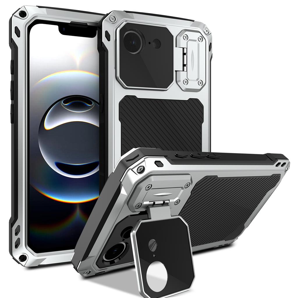 For iPhone 16e Case Aluminum Alloy+Silicone Lens Kickstand Phone Cover with Tempered Glass Film