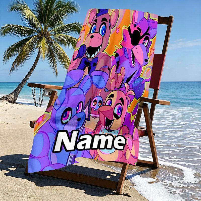 Custom Name Personalized Five Nights at Freddy's Print Beach Towel, for Trip Camping Beach Party Home Decor, Birthday Gift for Family & Friends