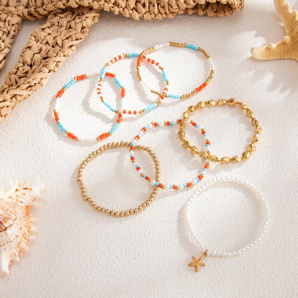 KunJoe 7Pcs/Set Boho Starfish Elastic Pendant Bracelets Women Trendy Stackable Imitation Pearl Beads Bangles Beach Jewelry Gifts