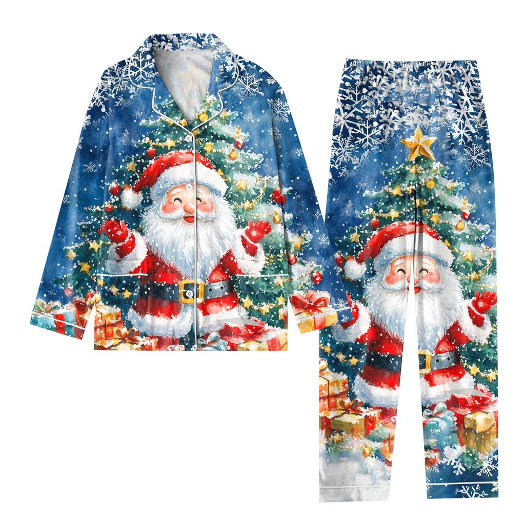 Детский рождественский костюм из 2 предметов с принтом, топ с длинными рукавами и застежкой на пуговицы, широкие брюки, комплект пижамы, домашний повседневный костюм