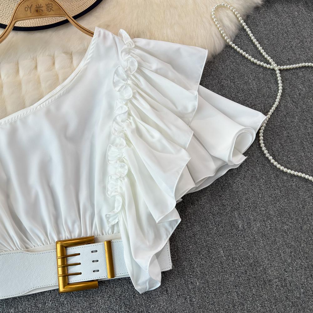 Шикарная блузка Blusas De Mujer с косым воротником и воланами, нерегулярная блузка Ins для женщин, однотонная, со складками на поясе, Camisas, летняя дропшиппинг