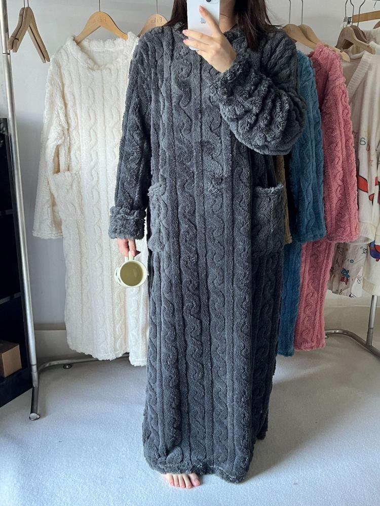 Fashion Winter Women Nightgowns Jacquard Dress Night Dress Loose Solid Color Thickened Flannel Sleepwear Home Clothes