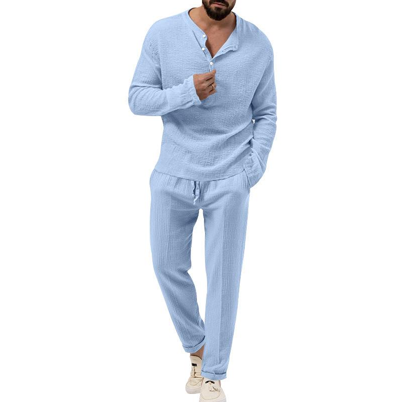 Men's Spring and Autumn 2 Piece Long Sleeve Shirt and Long Pants Set Casual Solid Stand Collar Drawstring Tracksuit
