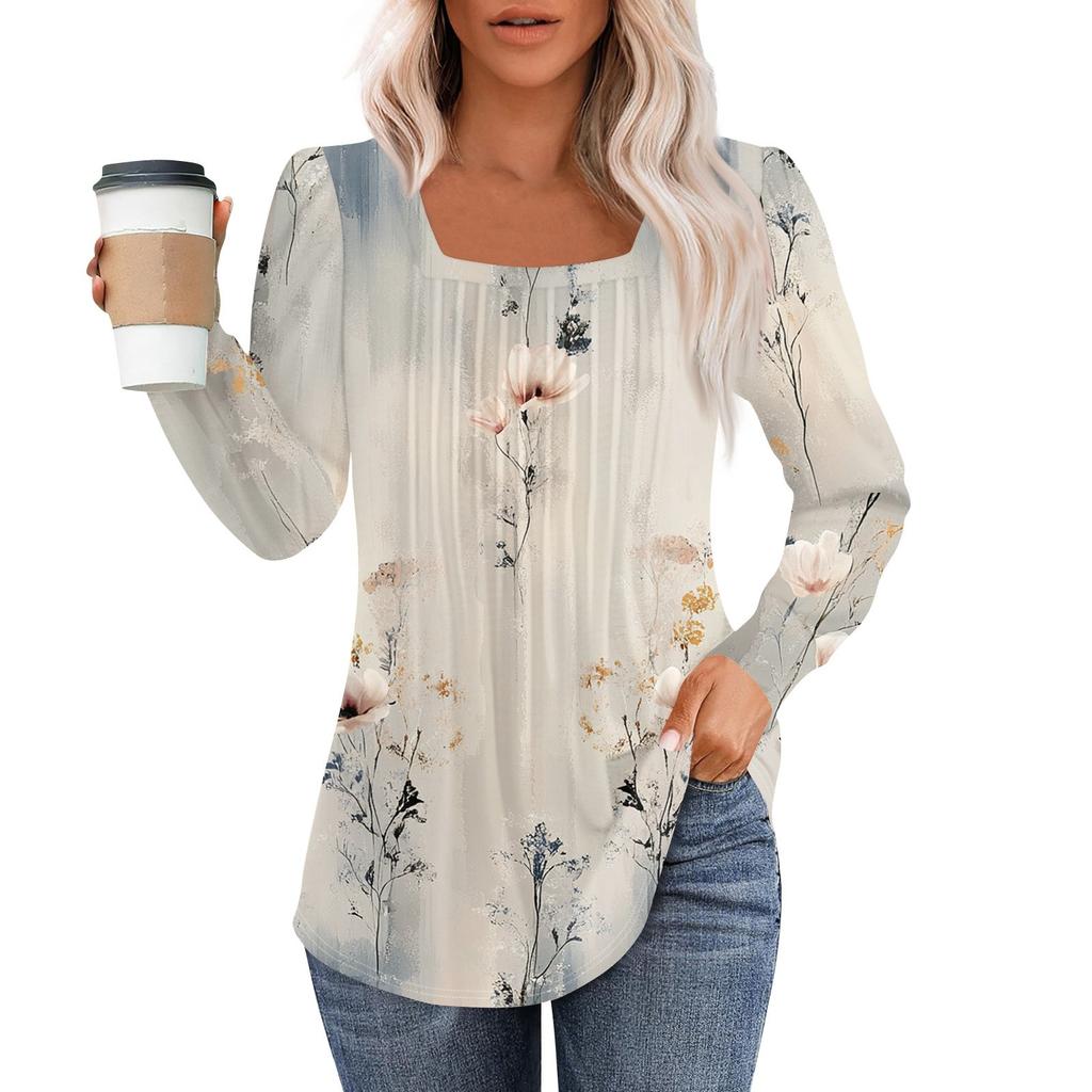 Рубашки с длинным рукавом для женщин, топы, нарядные повседневные блузки, плиссированные туники с квадратным вырезом