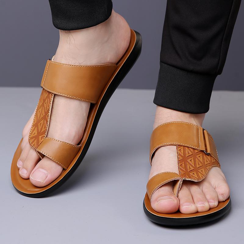 Модные летние мужские новые пляжные крутые кожаные мужские шлепанцы Модные мужские дизайнерские простые легкие удобные уличные комфортные шлепанцы