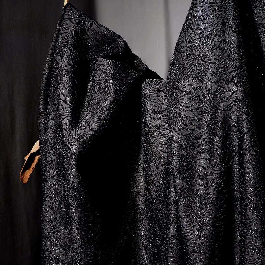 50x133cm Black Spider Lily 3D Embossed Textured Jacquard Fabric for DIY Handmade Suits and Designer Jacket Fabric