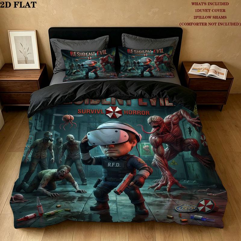 Resident Evil Pattern Bedding Quilt Set Quilt Cover Pillowcase Home Birthday Gift(1 * duvet cover + 2 * pillowcase, without core)