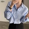 Синяя повседневная женская рубашка, модная офисная женская блузка с отложным воротником и длинным рукавом, свободные хлопковые женские блузки, верхняя одежда 20089