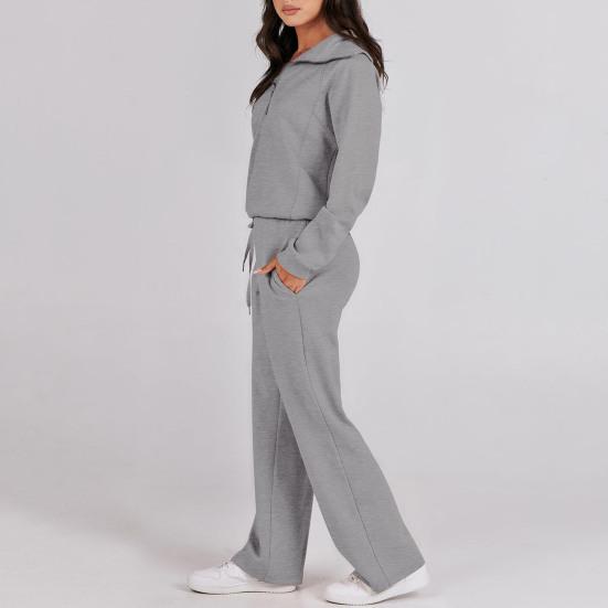 2Pcs/Set Women Solid Color Casual Outfit Lapel Zipper Neckline Long Sleeve Sweatshirt Elastic Waist Drawstring Wide Leg Pants Set