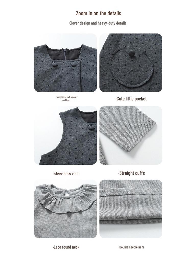 Комплект платья принцессы с рюшами и принтом в горошек для девочек на весну и осень 2025 года - Модный костюм-двойка для детей