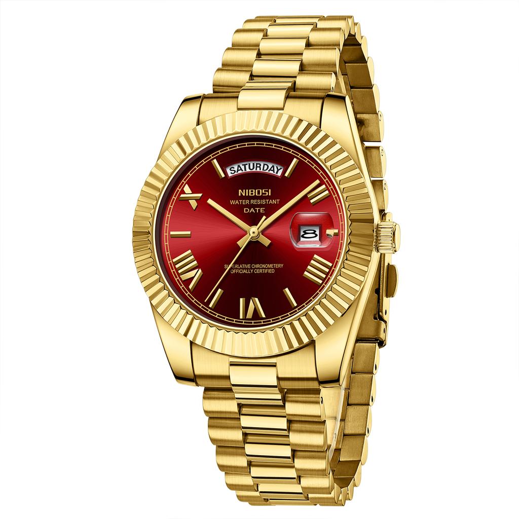 Luxury Golden Red Quartz Watch for Men Stainless Steel Waterproof Luminous Date Week Fashion Men Watches Reloj Hombre