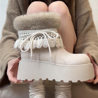 Ретро милые ботинки на платформе с бантом и кружевом женские зимние новые пушистые ботинки короткие ботинки
