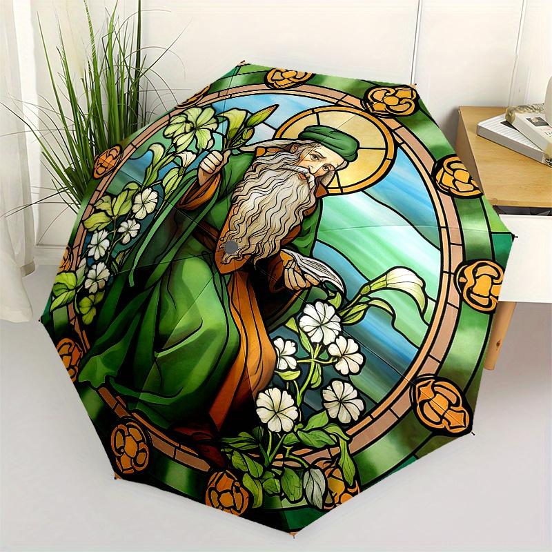 Stained Window Art: Medieval Sage with FlowersUmbrella, Portable 3-Fold Compact Umbrella for Men & Women Gift