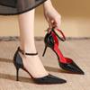Черные женские туфли на высоком каблуке, тонкий каблук, острый носок, сексуальные, новые туфли на красной подошве, полые, с легким вырезом, темпераментные, одинарные туфли