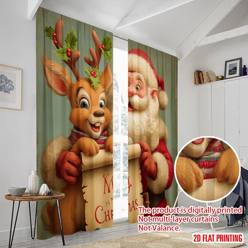 2 шт., 2D печать на плоскости Занавеска для окна Санта и Олень Полиэстер (без удилища) Праздничный Идеал для Спальни, Гостиной
