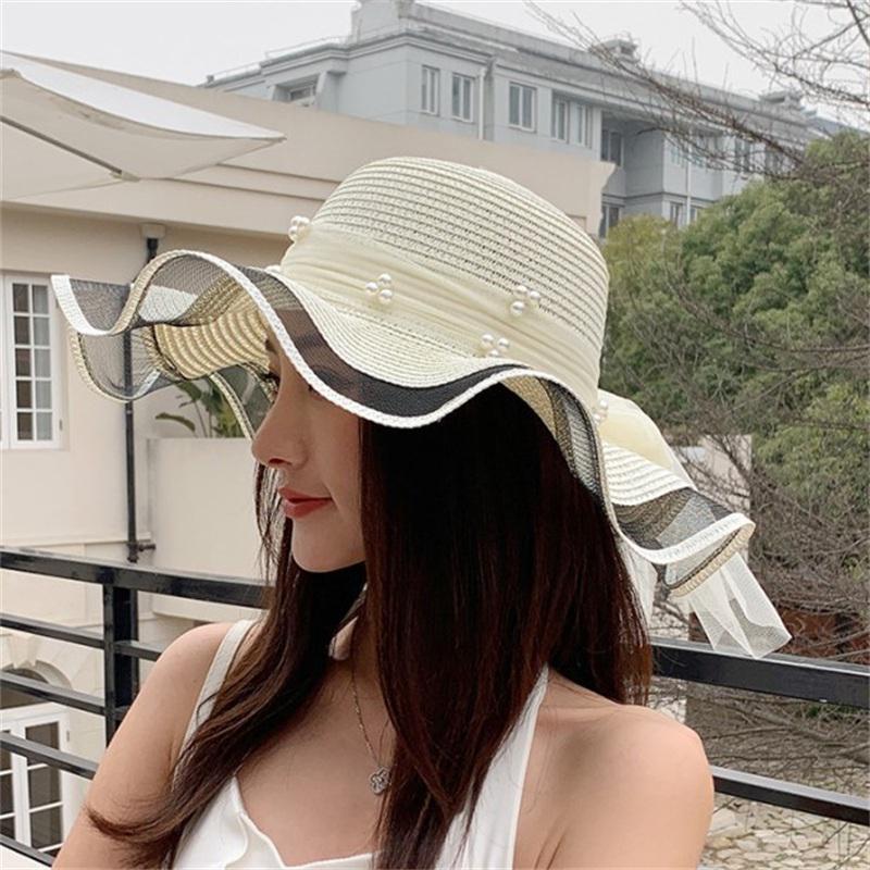 1PC Women Foldable Floppy Straw Hat Pearl Silk Ribbon Wide Brim Sun Hat Beach Cap Summer Sunshade Visors UV Protection Travel Hats Bucket Caps