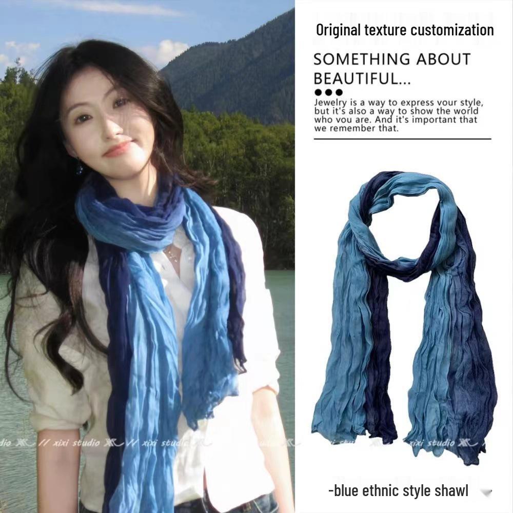 Мятый шарф из хлопка, льна и шелка: Цветовой блок, Теплый, Модный для весны и осени, Универсальный высококачественный шарф-снуд