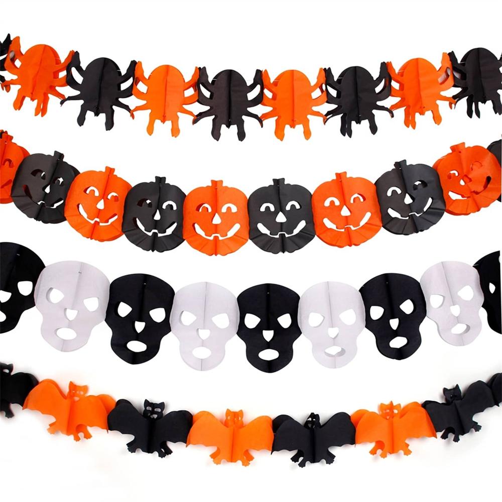 Halloween Paper Banner Spider Pumpkin Ghost Bat Paper Chain Halloween Decoration Garland Banner Paper Pull Flower Party Supplies 5