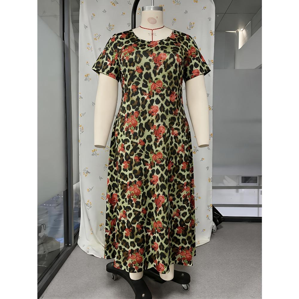 Large size women's fashion leopard print rose flower print elegant dress, round neck short sleeve waist slim dress
