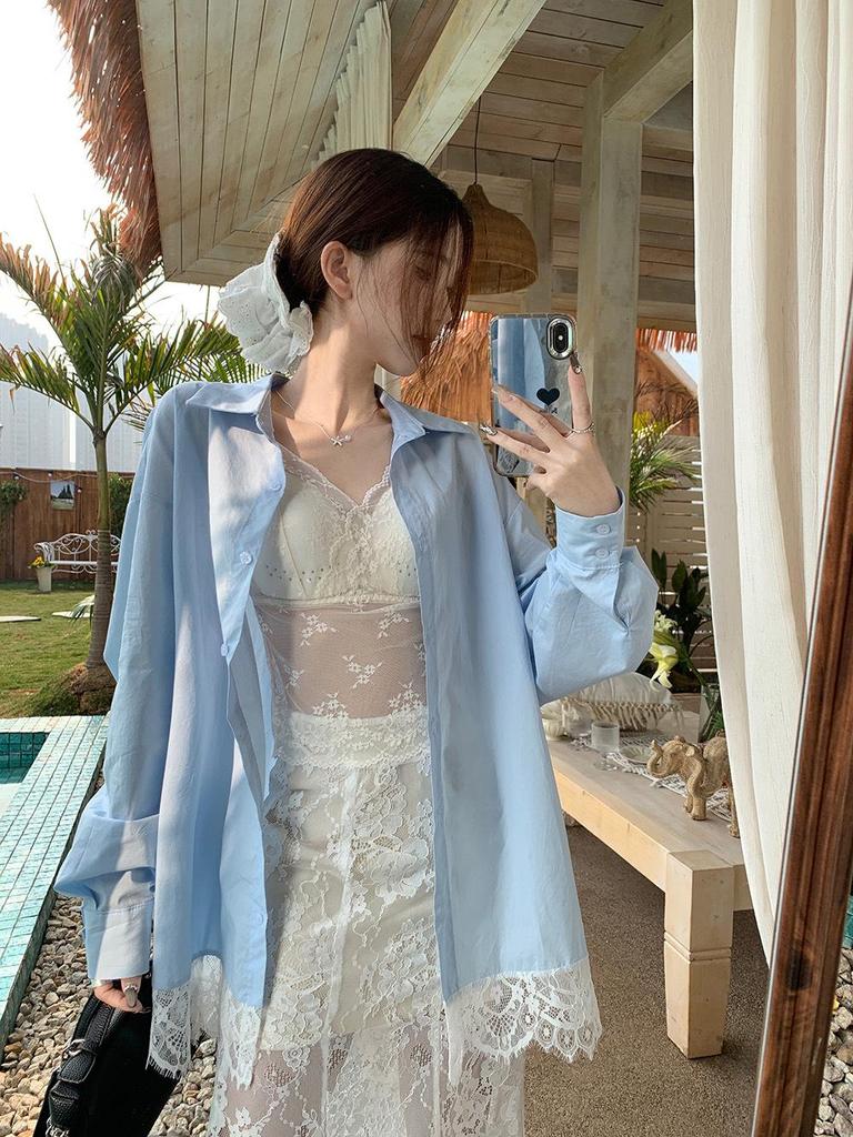 Женская синяя рубашка-жакет с кружевными вставками - корейский дизайн 2025 года, свободный крой, защита от солнца для лета