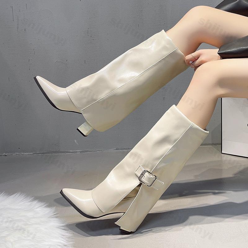 Женские Высокие Сапоги Модные На Высоком Каблуке С Острым Носом 2026 Дизайнерские Кожаные Сапоги До Колена С Металлической Пряжкой Женские Mujer Botas